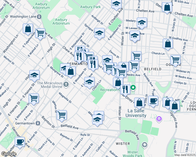 map of restaurants, bars, coffee shops, grocery stores, and more near 5517 Crowson Street in Philadelphia