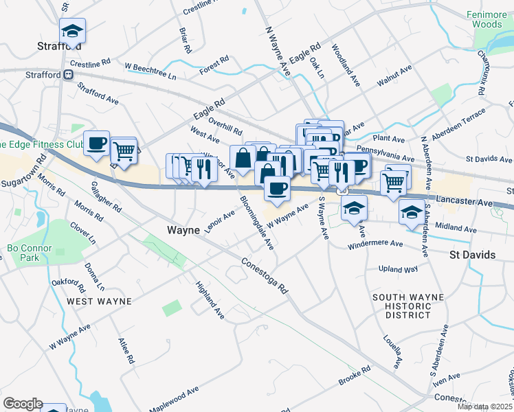 map of restaurants, bars, coffee shops, grocery stores, and more near 216 Lancaster Avenue in Wayne