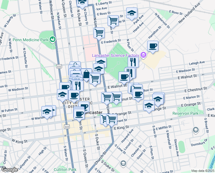 map of restaurants, bars, coffee shops, grocery stores, and more near 213 East Madison Street in Lancaster
