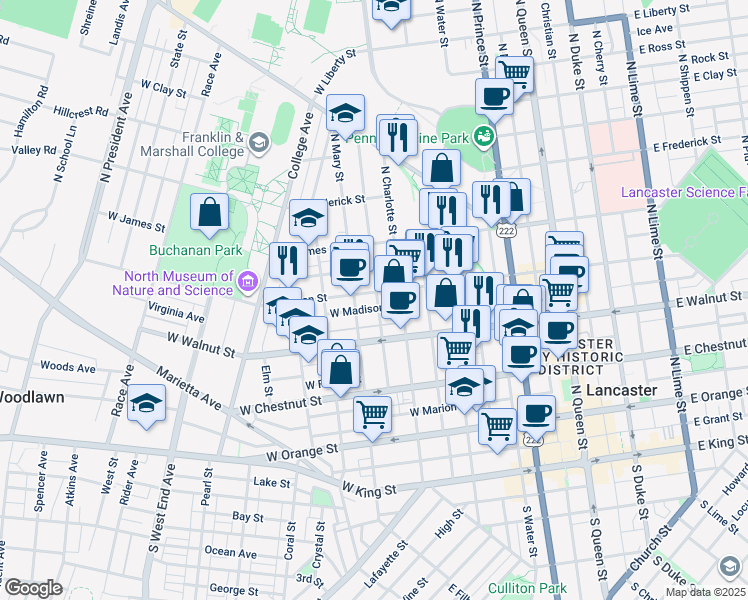 map of restaurants, bars, coffee shops, grocery stores, and more near 419 North Mary Street in Lancaster