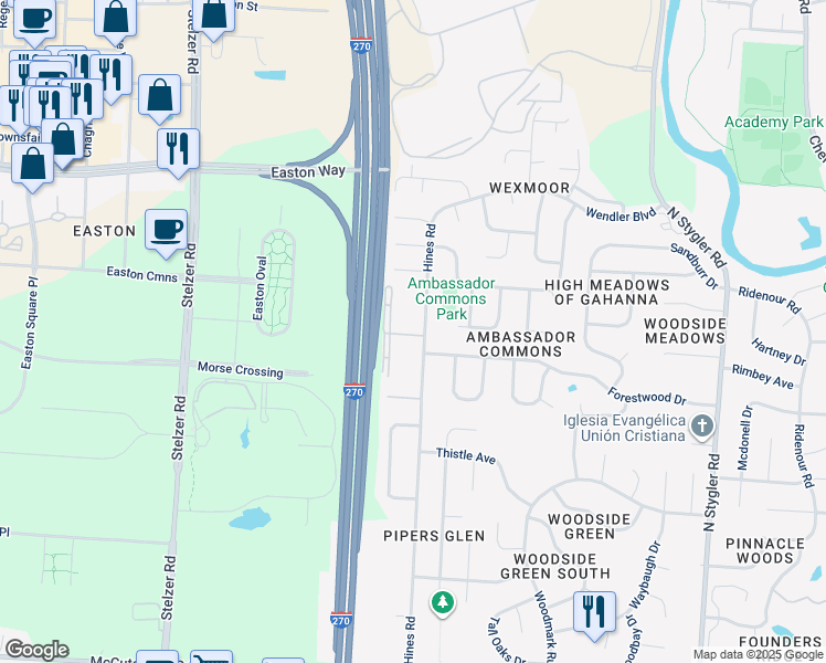 map of restaurants, bars, coffee shops, grocery stores, and more near 3449 Hines Road in Columbus
