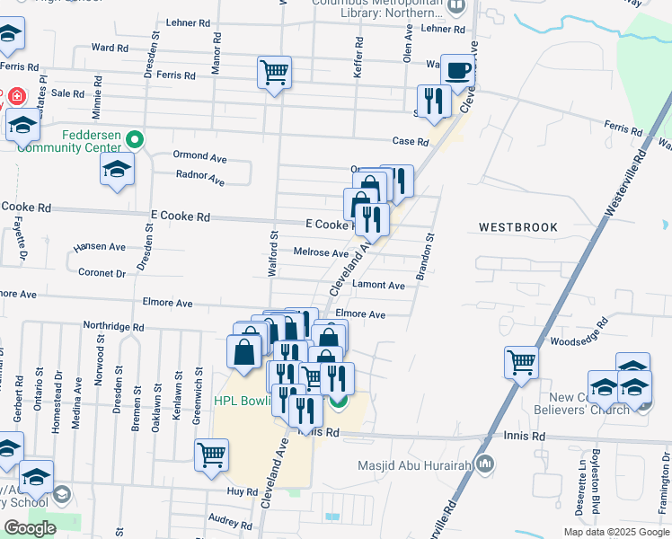 map of restaurants, bars, coffee shops, grocery stores, and more near in Columbus
