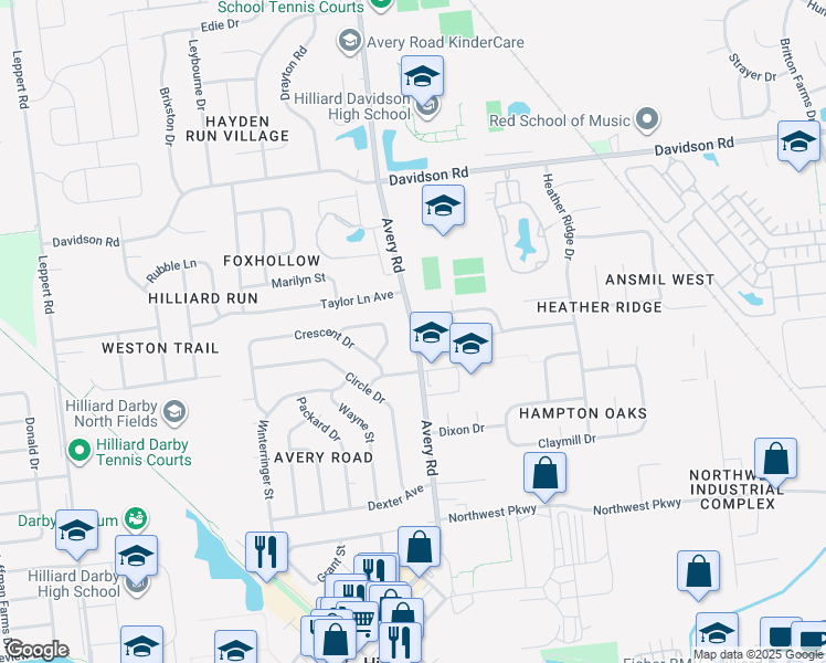 map of restaurants, bars, coffee shops, grocery stores, and more near 5152 Highland Meadows Drive in Hilliard