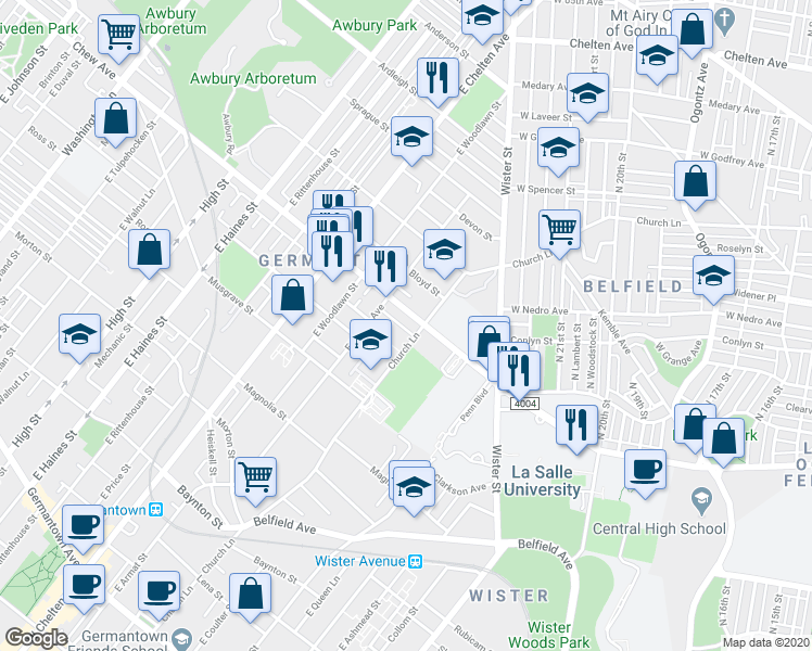 map of restaurants, bars, coffee shops, grocery stores, and more near 5517 Crowson Street in Philadelphia