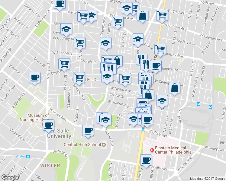 map of restaurants, bars, coffee shops, grocery stores, and more near 1704 West Nedro Avenue in Philadelphia