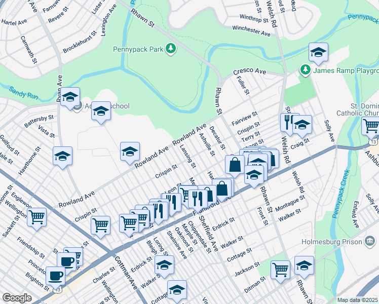 map of restaurants, bars, coffee shops, grocery stores, and more near 3337 Lansing Street in Philadelphia