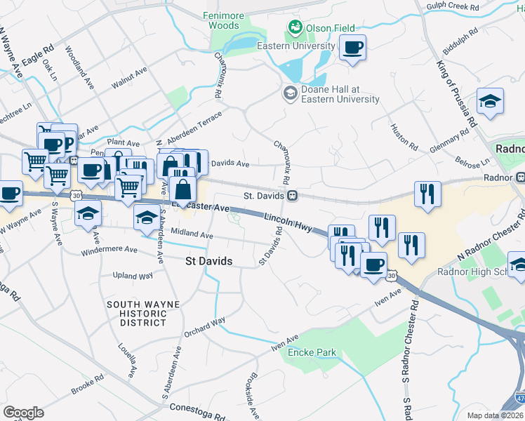 map of restaurants, bars, coffee shops, grocery stores, and more near 427 Lancaster Avenue in Wayne