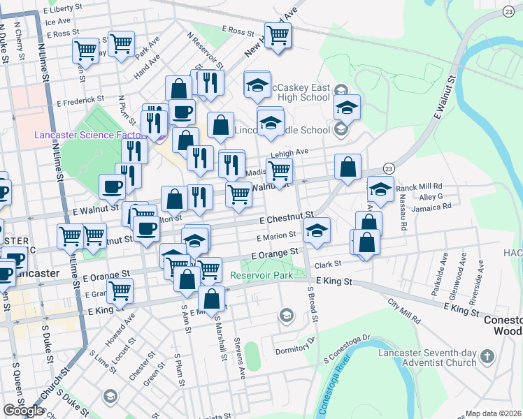 map of restaurants, bars, coffee shops, grocery stores, and more near 242 North Reservoir Street in Lancaster