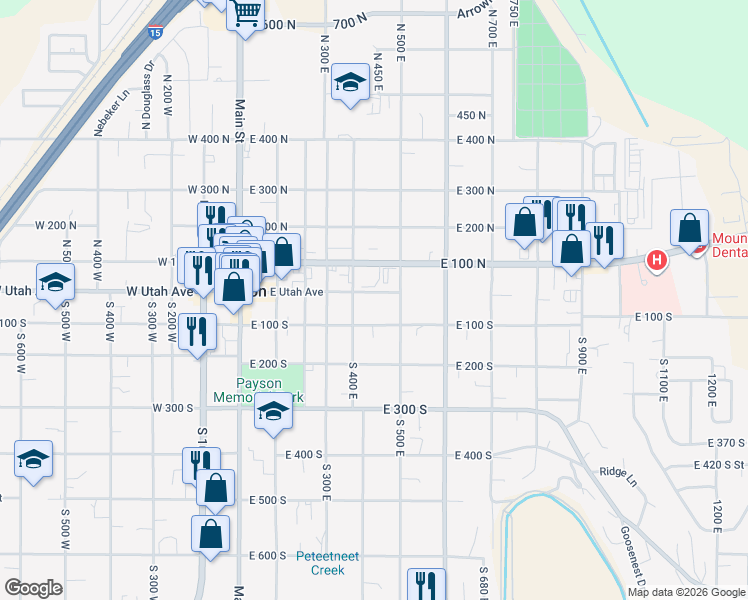 map of restaurants, bars, coffee shops, grocery stores, and more near 450 East Utah Avenue in Payson