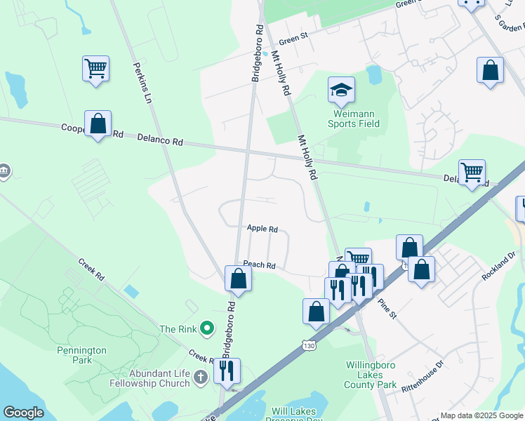 map of restaurants, bars, coffee shops, grocery stores, and more near 1550 Village Court in Edgewater Park