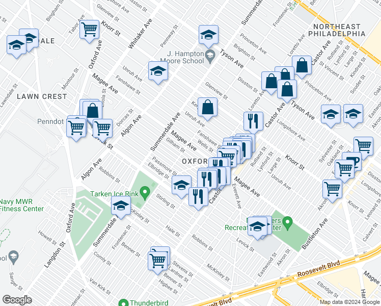 map of restaurants, bars, coffee shops, grocery stores, and more near 1315 Gilham Street in Philadelphia