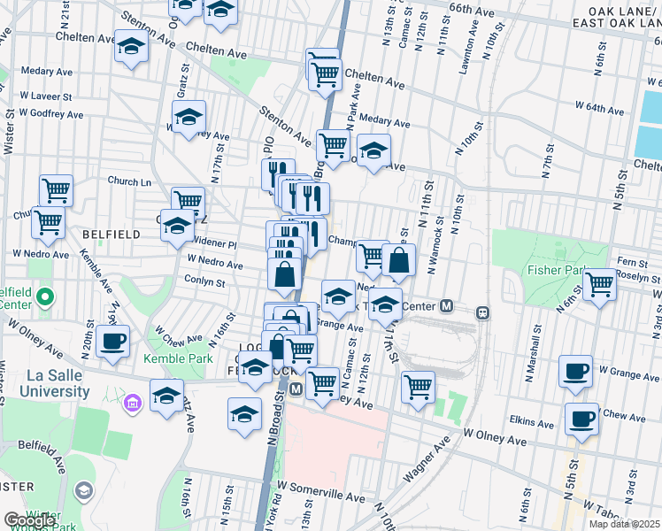 map of restaurants, bars, coffee shops, grocery stores, and more near 5919 North Park Avenue in Philadelphia