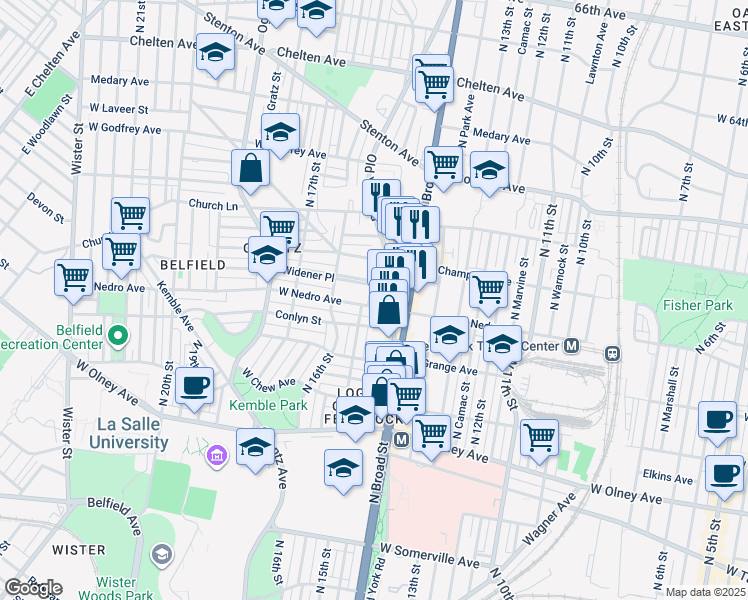 map of restaurants, bars, coffee shops, grocery stores, and more near 1433 West Nedro Avenue in Philadelphia
