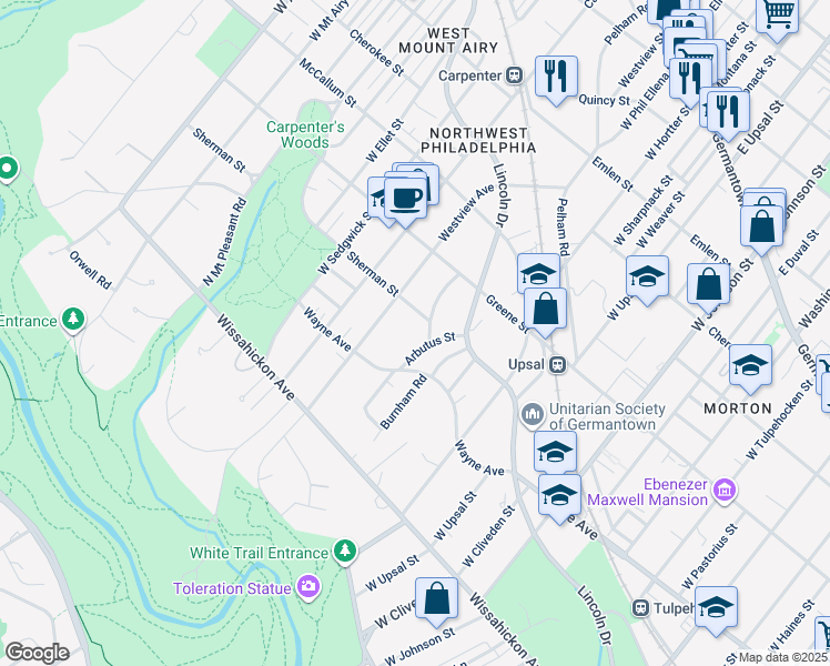 map of restaurants, bars, coffee shops, grocery stores, and more near 705 West Phil Ellena Street in Philadelphia