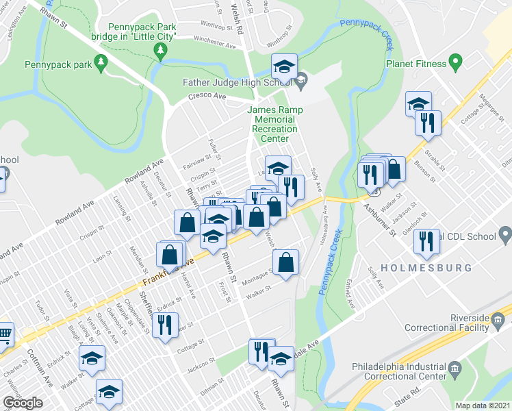 map of restaurants, bars, coffee shops, grocery stores, and more near Welsh Rd & Craig St in Philadelphia