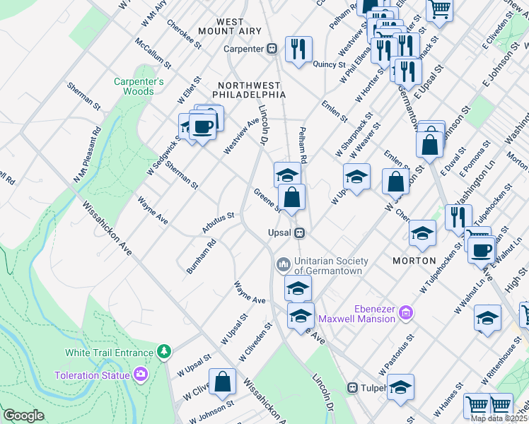 map of restaurants, bars, coffee shops, grocery stores, and more near 6622 Greene Street in Philadelphia