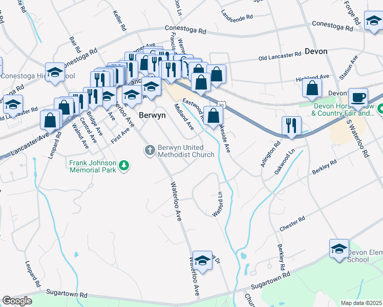 map of restaurants, bars, coffee shops, grocery stores, and more near 525 Midland Avenue in Berwyn