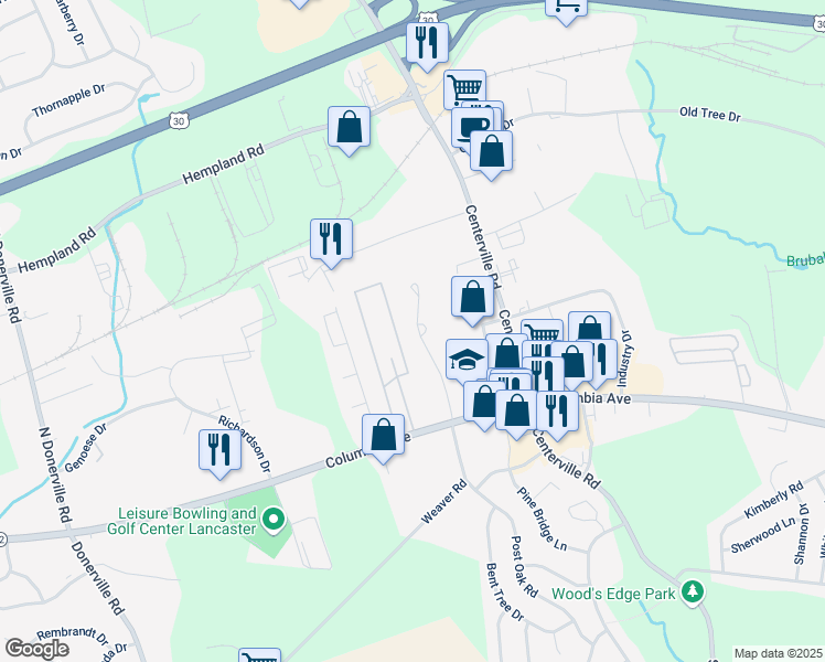 map of restaurants, bars, coffee shops, grocery stores, and more near 104 Urban Drive in Lancaster