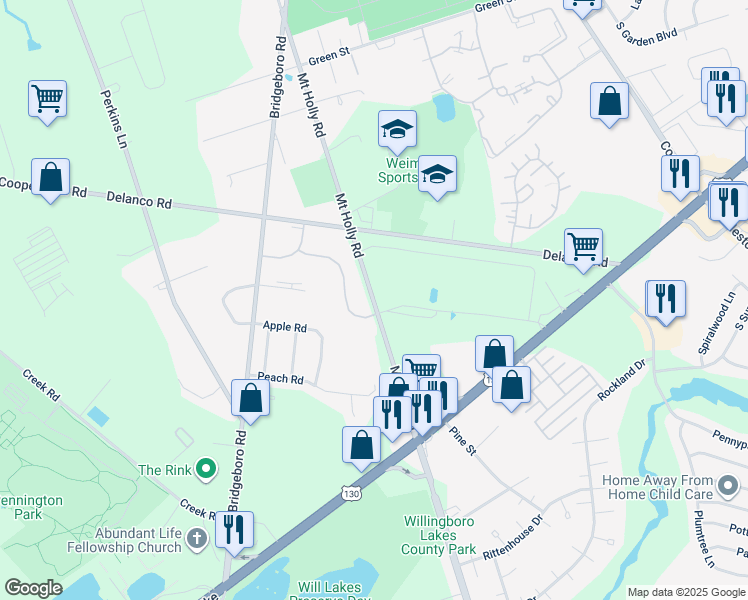 map of restaurants, bars, coffee shops, grocery stores, and more near 1475 Mount Holly Road in Beverly