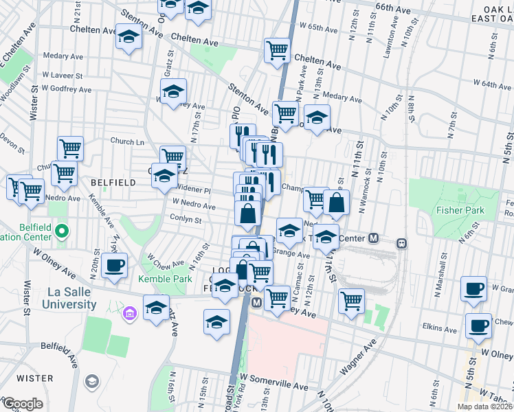 map of restaurants, bars, coffee shops, grocery stores, and more near 5933 Old York Road in Philadelphia