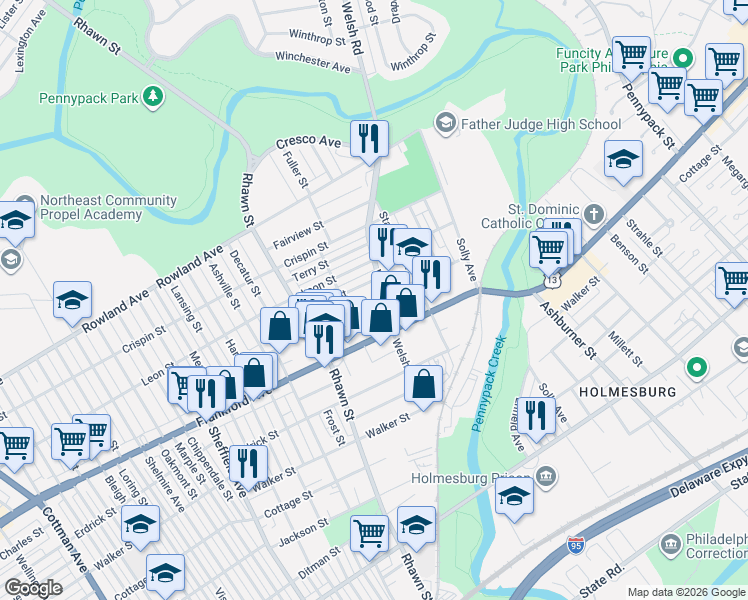 map of restaurants, bars, coffee shops, grocery stores, and more near 3544 Welsh Road in Philadelphia