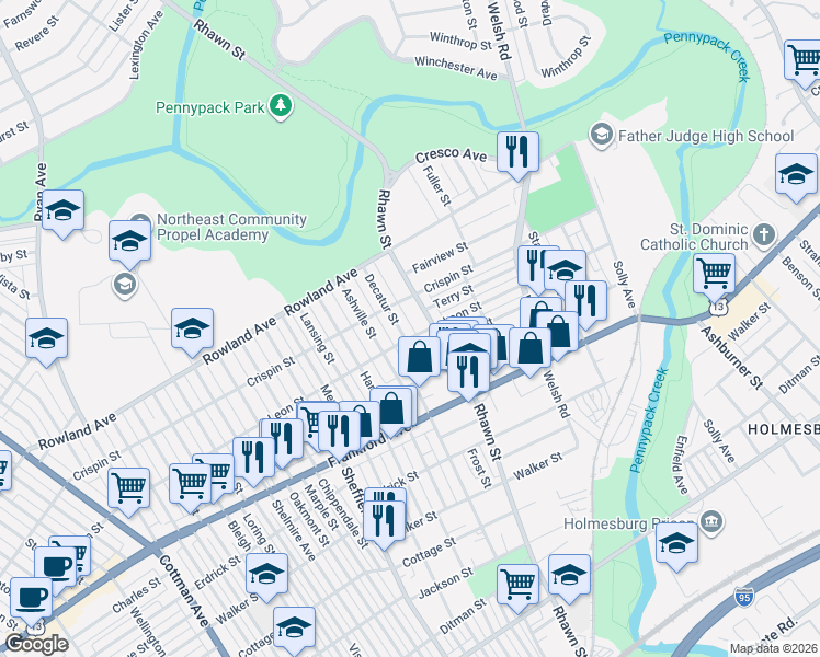 map of restaurants, bars, coffee shops, grocery stores, and more near 3403 Decatur Street in Philadelphia