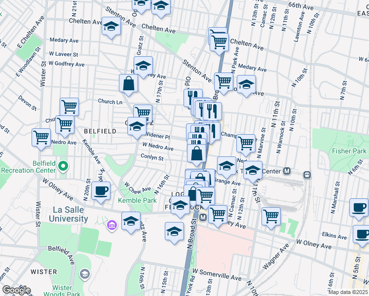 map of restaurants, bars, coffee shops, grocery stores, and more near 1503 West Nedro Avenue in Philadelphia