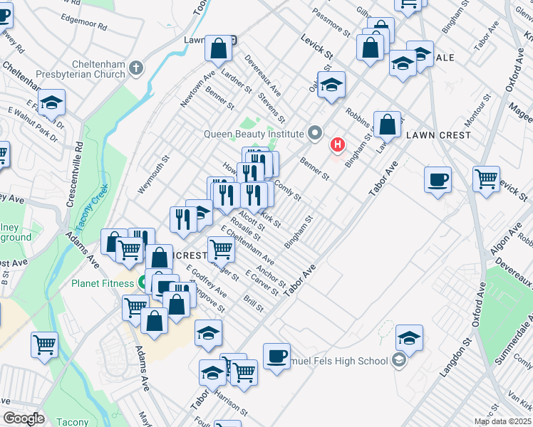 map of restaurants, bars, coffee shops, grocery stores, and more near 5918 Rising Sun Avenue in Philadelphia