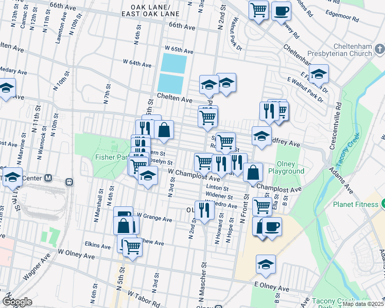 map of restaurants, bars, coffee shops, grocery stores, and more near 6060 North Philip Street in Philadelphia