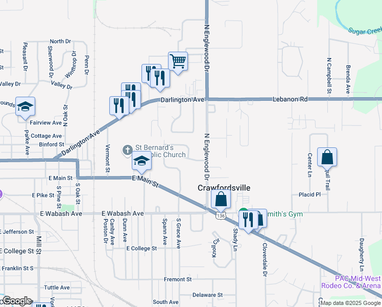 map of restaurants, bars, coffee shops, grocery stores, and more near 1510 Woodside Drive in Crawfordsville