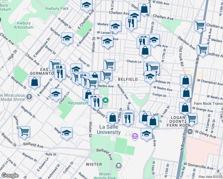 map of restaurants, bars, coffee shops, grocery stores, and more near 5822 North Lambert Street in Philadelphia