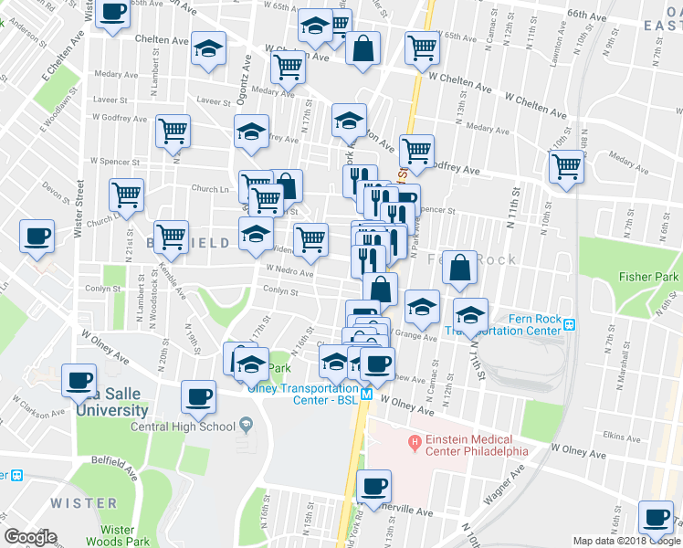 map of restaurants, bars, coffee shops, grocery stores, and more near 1507 West Nedro Avenue in Philadelphia