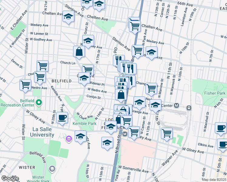 map of restaurants, bars, coffee shops, grocery stores, and more near 1503 West Nedro Avenue in Philadelphia
