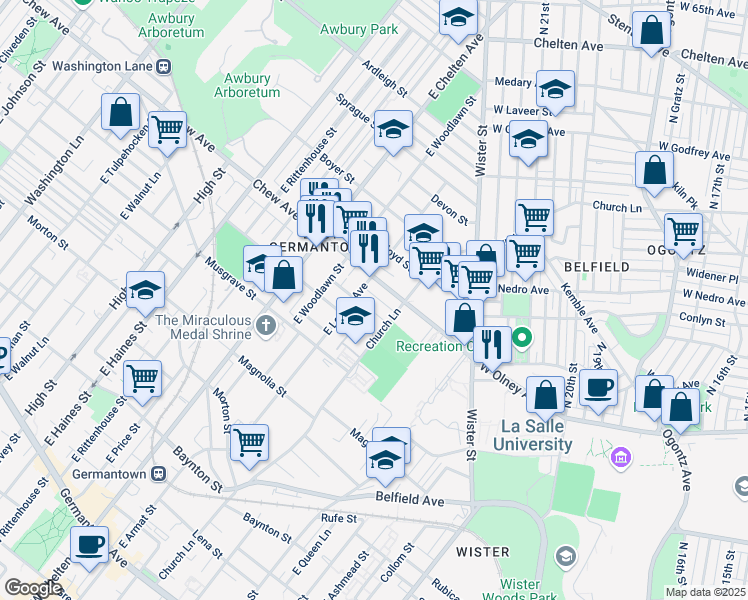 map of restaurants, bars, coffee shops, grocery stores, and more near 5536 Crowson Street in Philadelphia