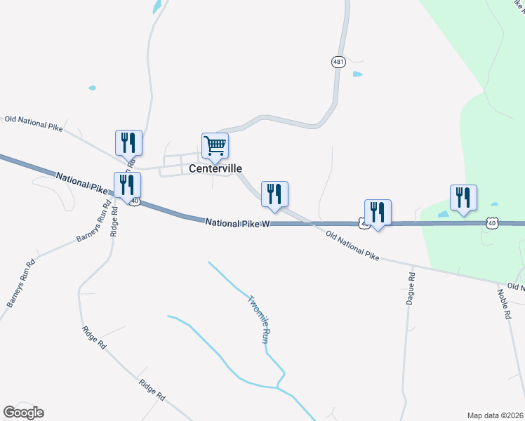 map of restaurants, bars, coffee shops, grocery stores, and more near 831 Old National Pike in Fredericktown