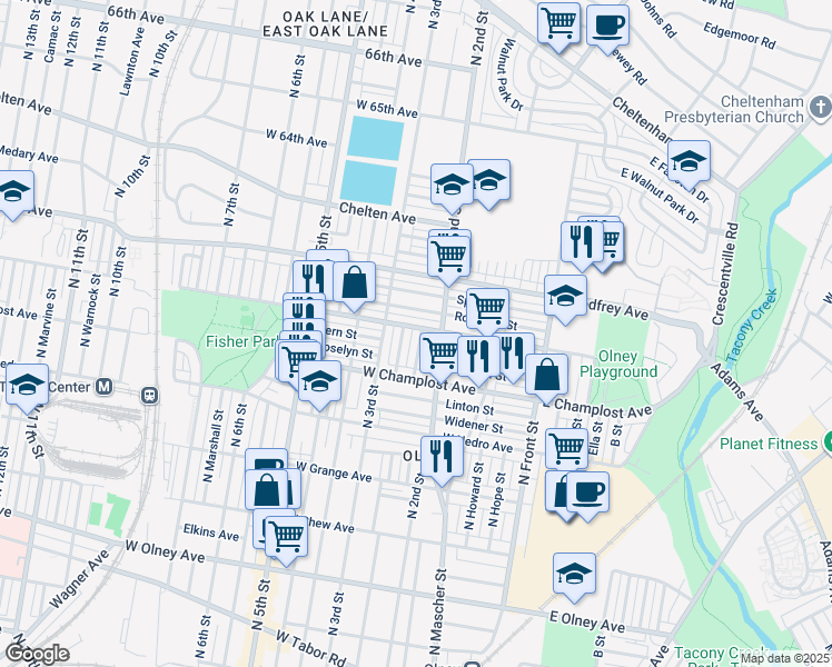 map of restaurants, bars, coffee shops, grocery stores, and more near 6060 North Philip Street in Philadelphia