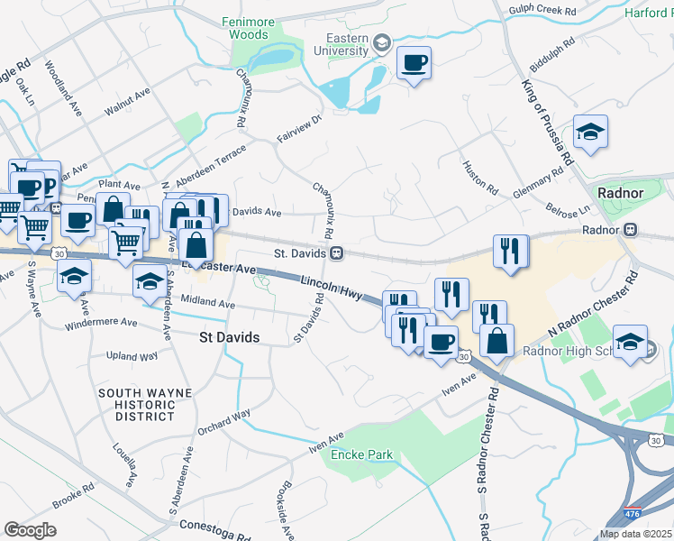 map of restaurants, bars, coffee shops, grocery stores, and more near in Wayne