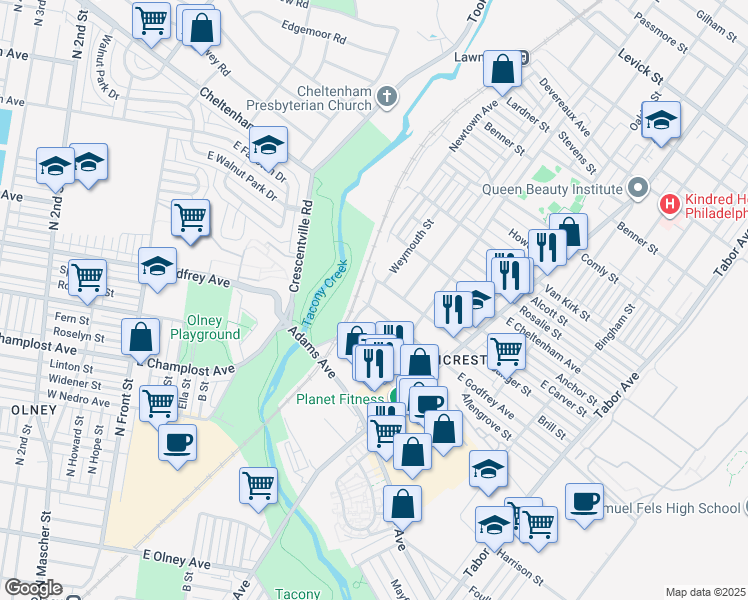 map of restaurants, bars, coffee shops, grocery stores, and more near 5710 Weymouth Street in Philadelphia