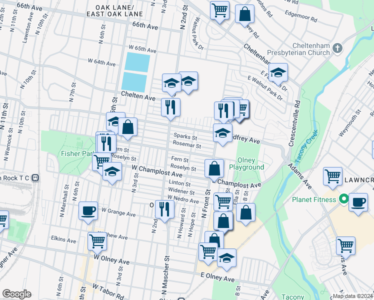 map of restaurants, bars, coffee shops, grocery stores, and more near 143 West Spencer Street in Philadelphia