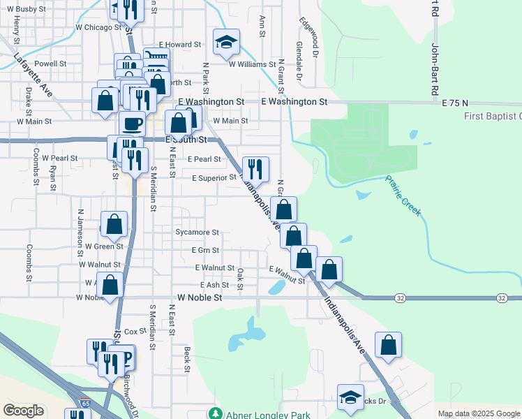 map of restaurants, bars, coffee shops, grocery stores, and more near 522 Indianapolis Avenue in Lebanon