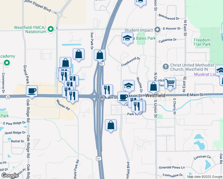map of restaurants, bars, coffee shops, grocery stores, and more near 17600 Shamrock Boulevard in Westfield