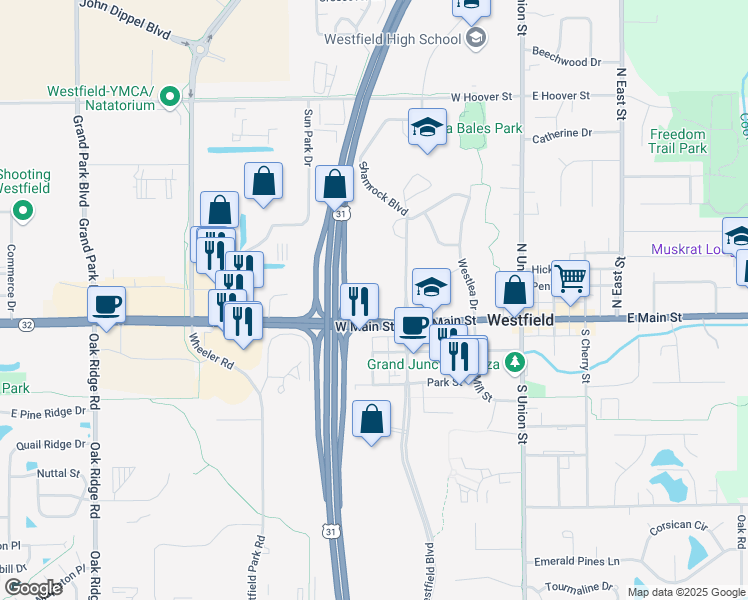 map of restaurants, bars, coffee shops, grocery stores, and more near 17600 Shamrock Boulevard in Westfield
