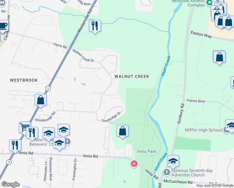map of restaurants, bars, coffee shops, grocery stores, and more near 2766 Stonehenge Drive in Columbus