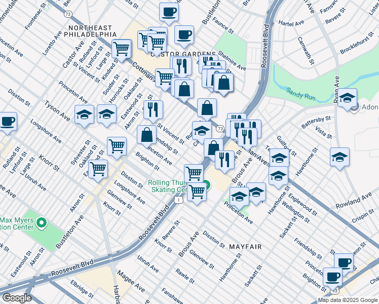 map of restaurants, bars, coffee shops, grocery stores, and more near 2240 Saint Vincent Street in Philadelphia