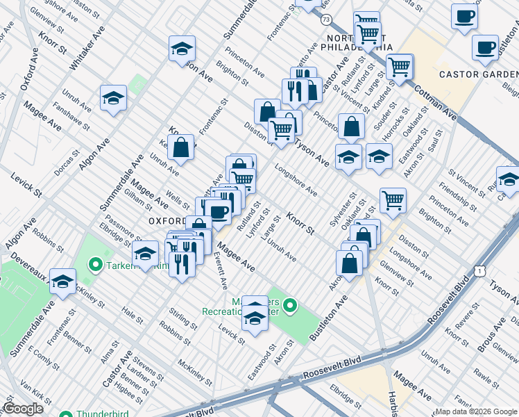 map of restaurants, bars, coffee shops, grocery stores, and more near 6752 Rutland Street in Philadelphia