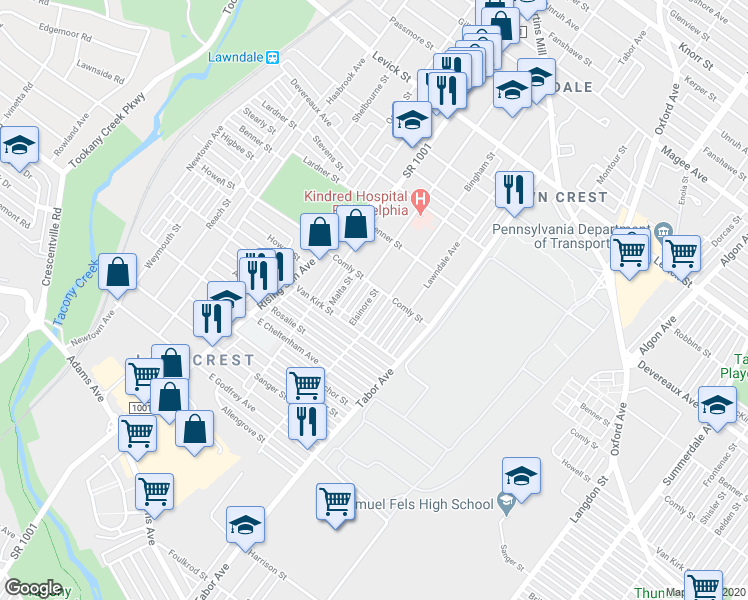 map of restaurants, bars, coffee shops, grocery stores, and more near 561 East Comly Street in Philadelphia