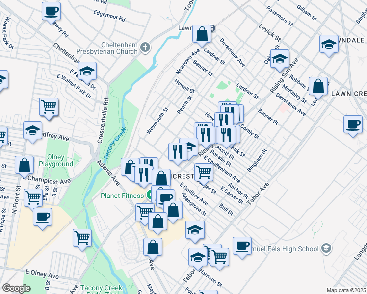 map of restaurants, bars, coffee shops, grocery stores, and more near 338 East Cheltenham Avenue in Philadelphia
