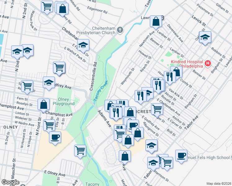 map of restaurants, bars, coffee shops, grocery stores, and more near 5710 Weymouth Street in Philadelphia