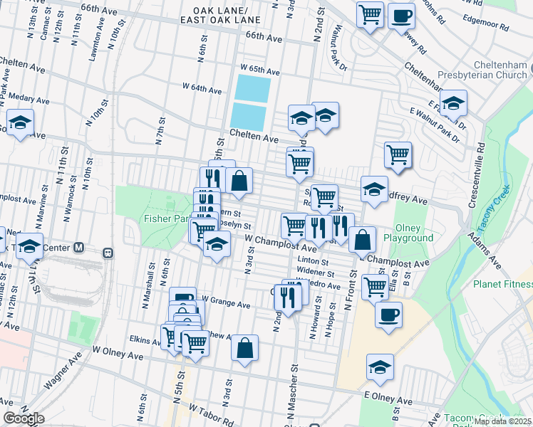 map of restaurants, bars, coffee shops, grocery stores, and more near 303 West Spencer Street in Philadelphia