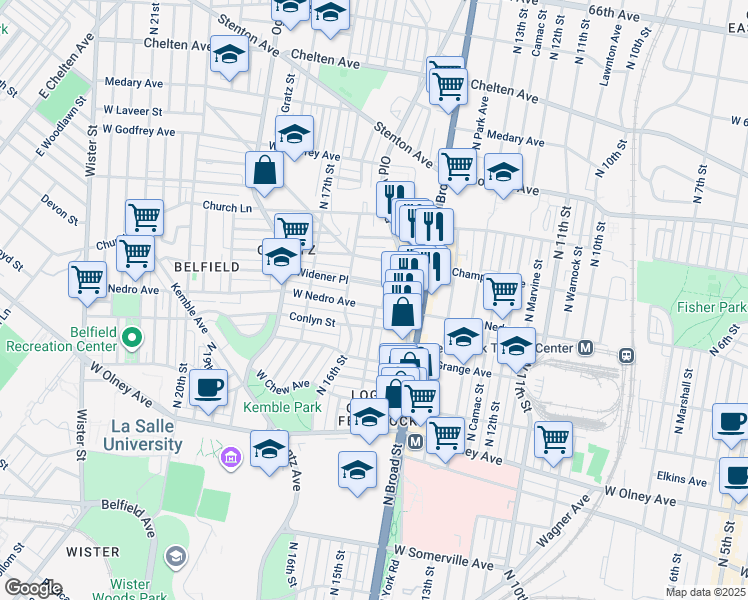 map of restaurants, bars, coffee shops, grocery stores, and more near 1507 West Nedro Avenue in Philadelphia